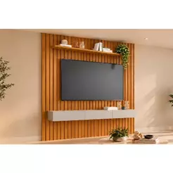 Painel Quarto p/ TV até 65 Pol Maragogi Ripado c/ 1 Porta e 2 Gavetas 185x220cm Nature/Off White - Permóbili