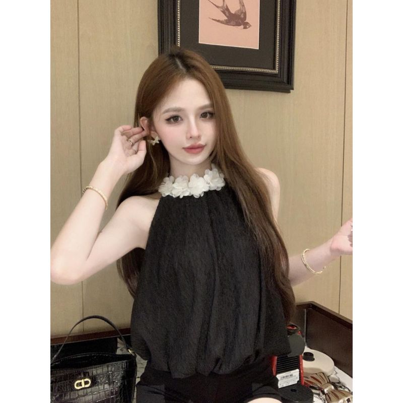 [Venda com desconto por tempo limitado] Camisa de flor de celebridade francesa, blusa sem mangas com gola Halter doce de