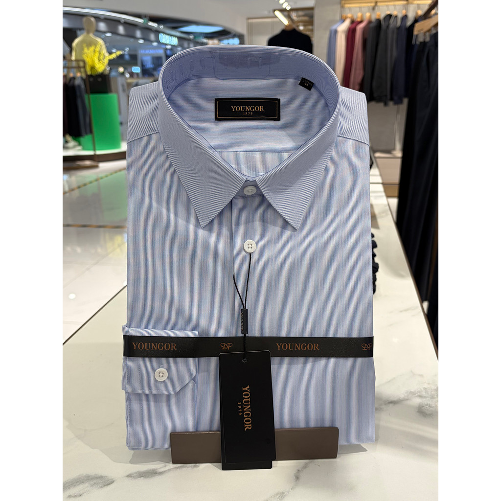 Camisa masculina de manga comprida Yagoer algodão poliéster misturado DP Anti-rugas listra gola pontiaguda camisa justa1