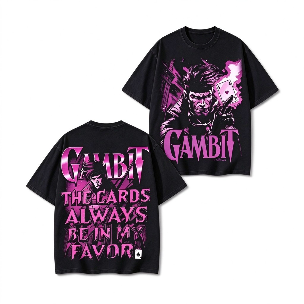 Camiseta Unissex Premium de Algodão Estampa Dupla Gambit X-Men Cor Preta Estilo Streetwear Para Uso Casual Passeios e
