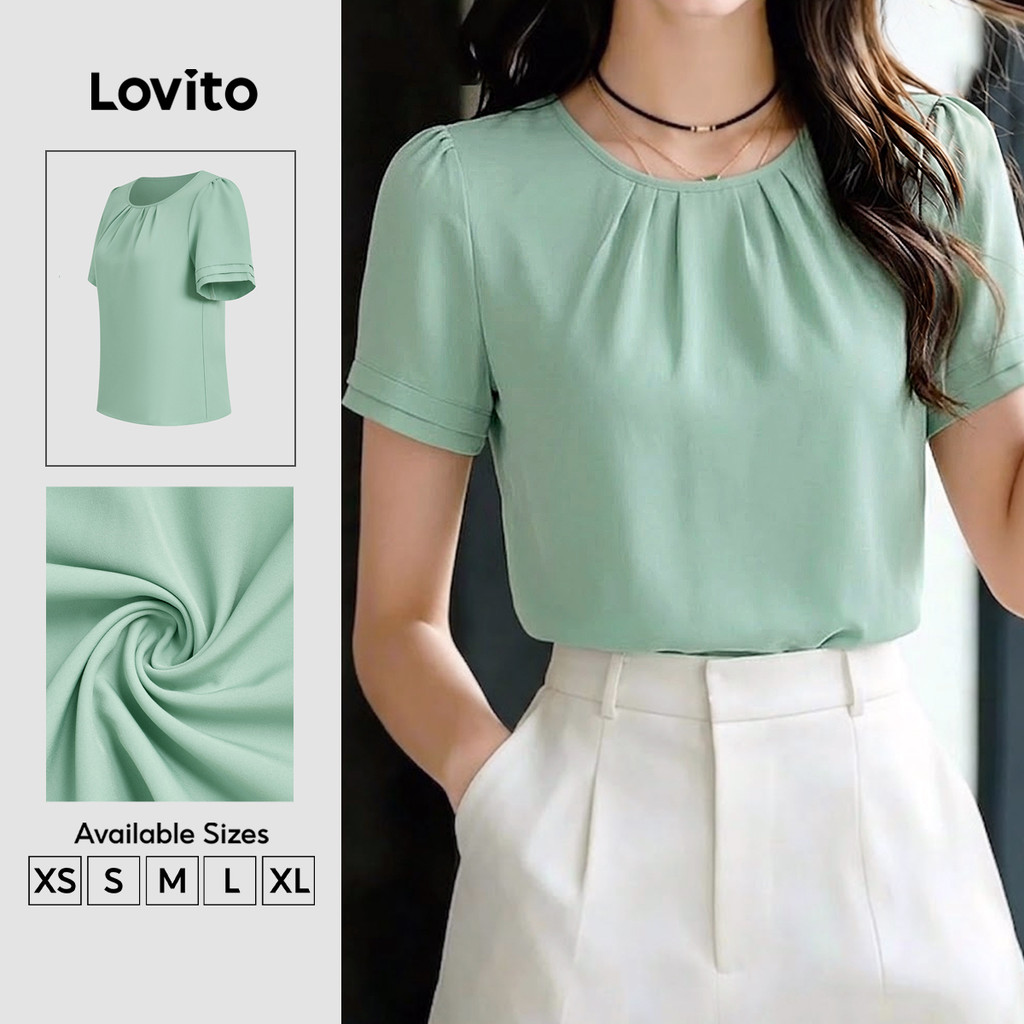 (New Arrival) Lovito Elegante Blusa com Babados Verde de Primavera/verão para mulheres BLB201P1D349