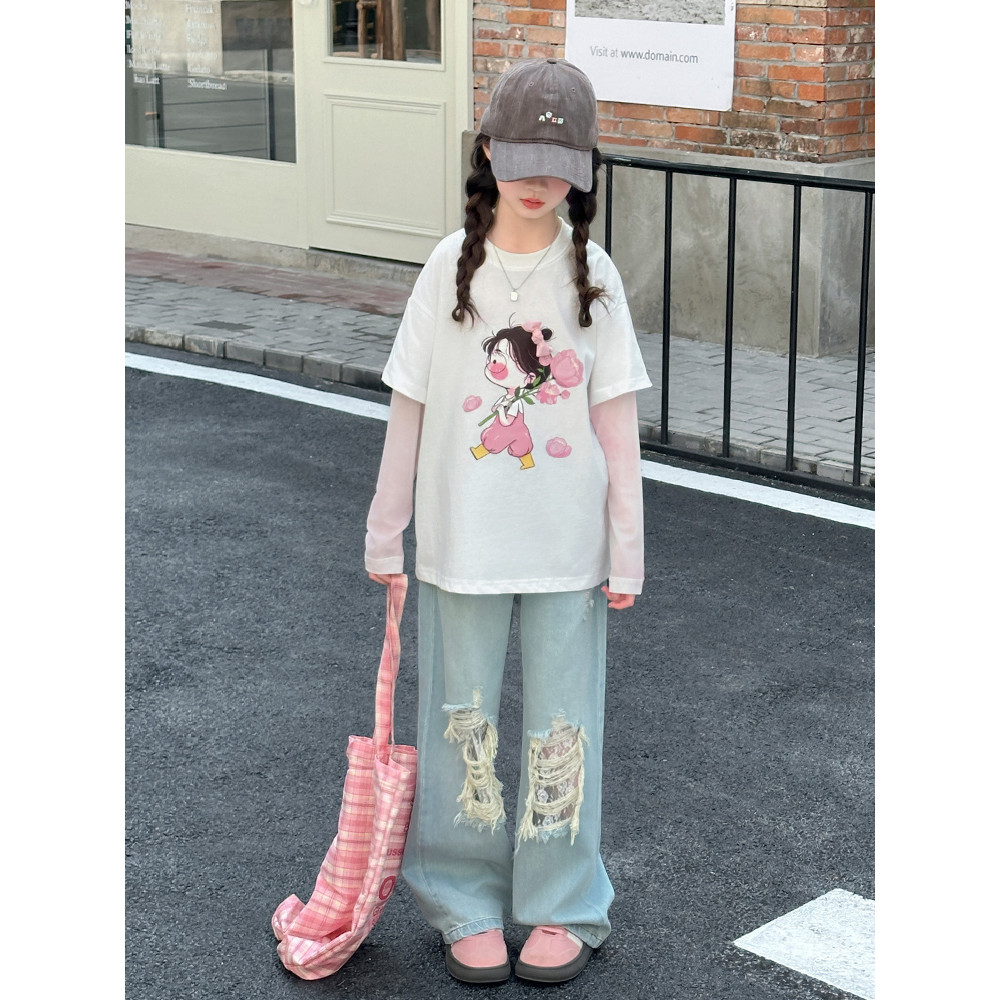 Meninas falso camiseta de duas peças primavera estilo ocidental grandes crianças Net gaze costura de manga comprida cria