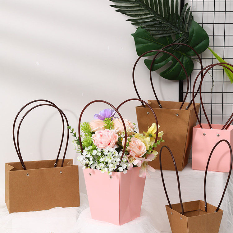 Cesta de flores portátil de papel Kraft, sacola à prova d'água para suculentas, vaso de plantas verdes, buquê de flores,