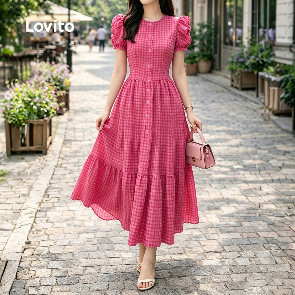 Lovito Padrão de Vestido Casual com Botão Primavera/verão Vestido Rosa Vermelho para mulheres L196ED128 · foto 2