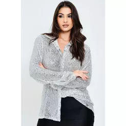 Camisa Feminina Social Paetê Planet Girls Prata
