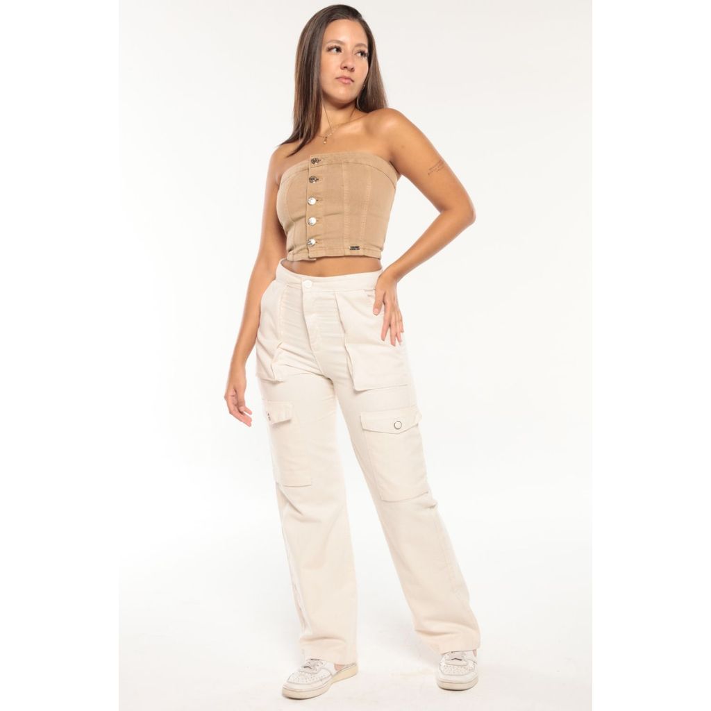 Cropped Feminino em Sarja Sem Mangas Planet Girls Bege Médio · foto 2