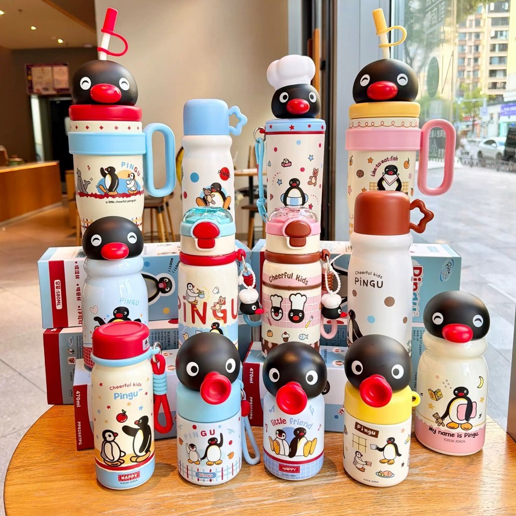 Novo produto pronto estoque Pingu pinguim bonito copo térmico estudante escola copo de palha especial crianças meninos m