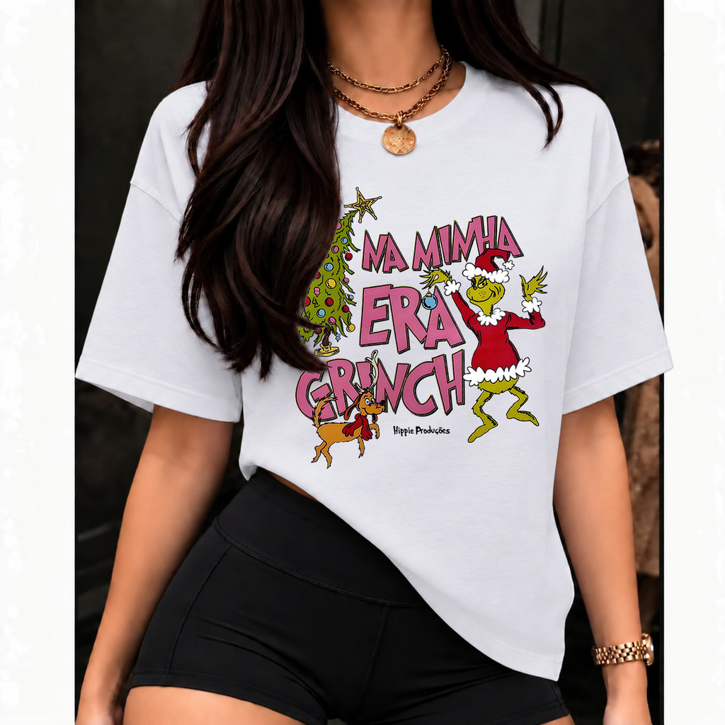 [Camiseta Premium em Algodão Puro] SUSU Grinch de Natal Personagem Natalino Divertido Feminina Estampa Manga Curta P-G3