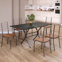 Conjunto Sala de Jantar Mesa Retangular 140x75cm Tampo Madeira MDP Indiana 6 Cadeiras Rio Prata/C. Marrom/Mart Marrom/