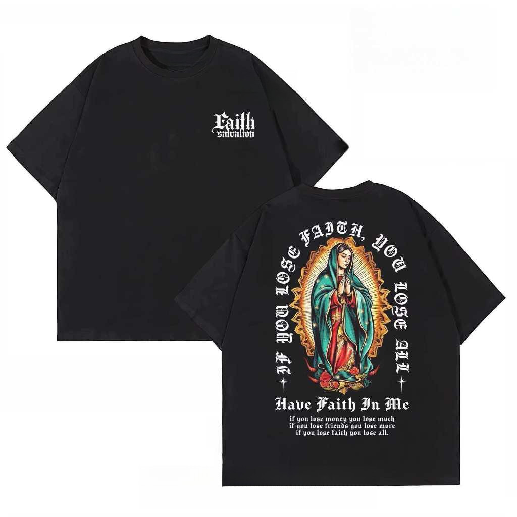 [Camiseta Premium em Algodão Puro]VOR Camiseta Unissex Preta Oversize com Estampa Nossa Senhora Faith Streetwear Algodão