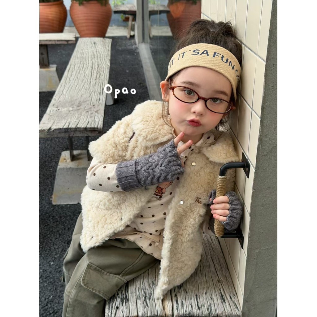 Opao roupas infantis meninas bebê crianças roupas de inverno colete peludo bolinhas manga comprida camiseta macacão de l