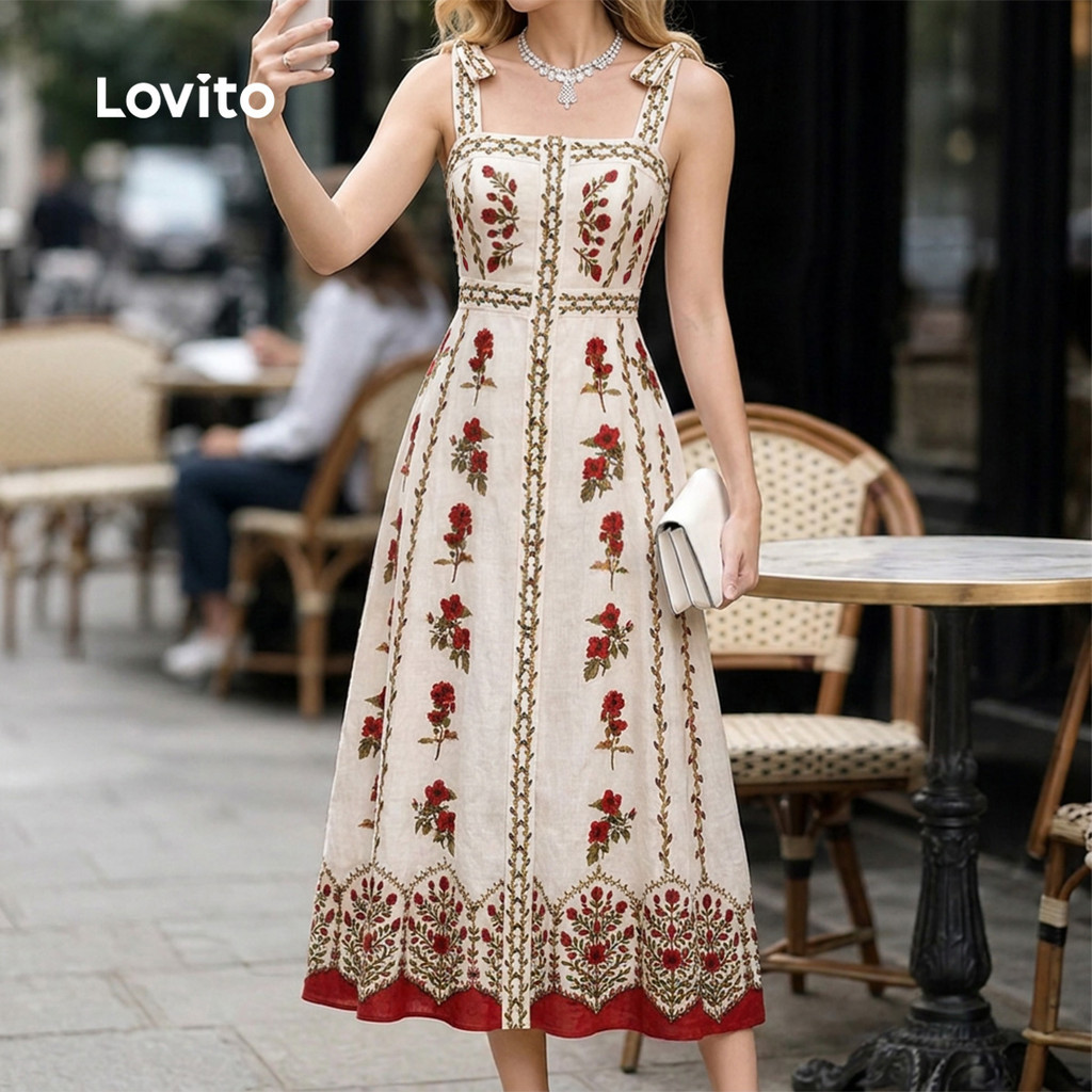 (New Arrival) Lovito Vestido Boho Floral Longo Evasê Drapeado Com Amarração Primavera/Verão Vermelho E Branco Feminino DRK10P1D290 — imagem 2 de 2