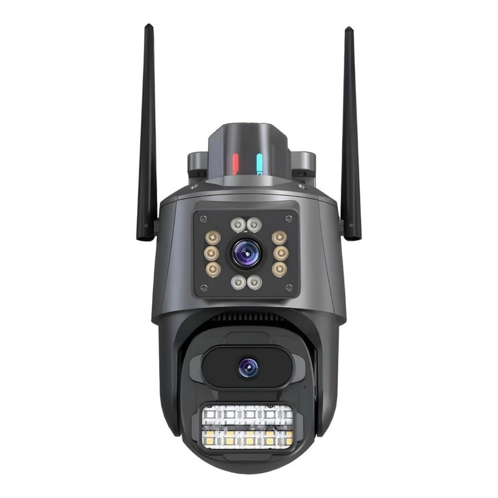 Câmera de segurança externa de lente dupla com sirene de LED e sirene de polícia ICSEE