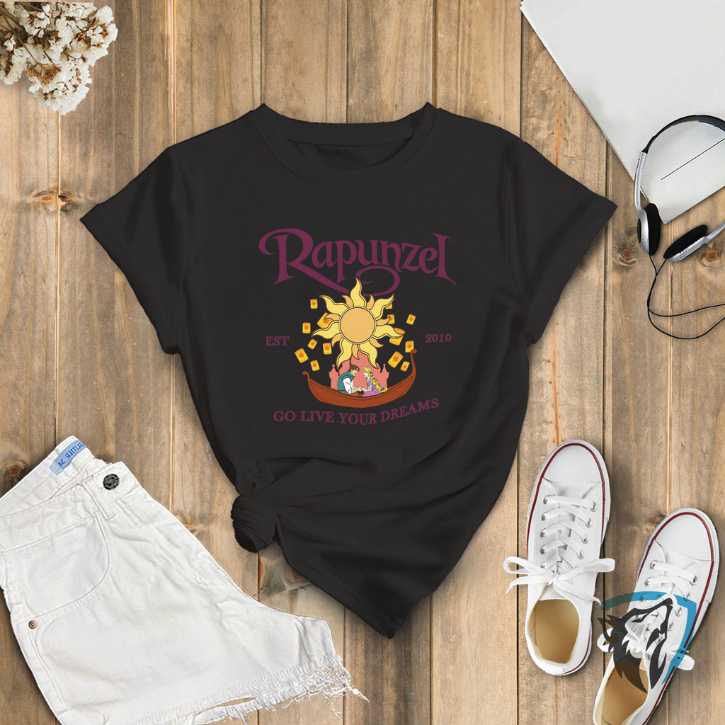 [Camiseta Premium em Algodão Puro]SISI Camiseta Feminina Estampada Rapunzel Go Live Your Dreams Casual Geek