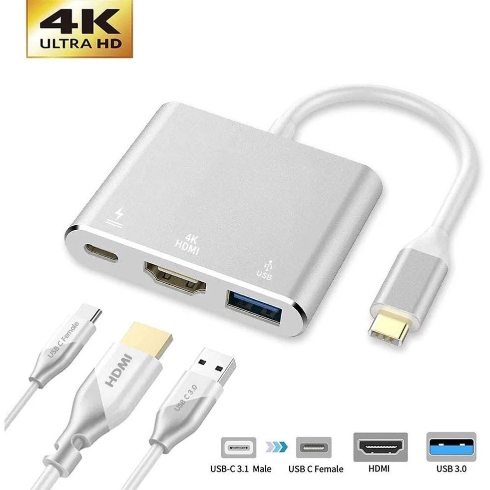 Cabo Adaptador Type-c 3 Em 1 Usb-c Hdmi 4K Usb 3.1 Macbook 12 Laptop