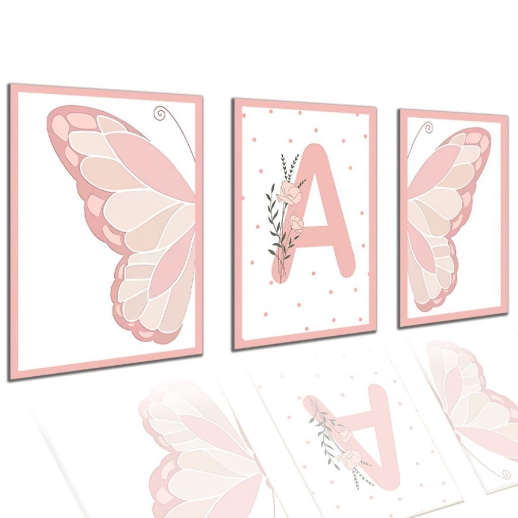 Quadro Decorativo em Tela MDF com Adesivo Vinílico Menina Inicial Letra – Kit 3 Peças (20x30 cm cada)