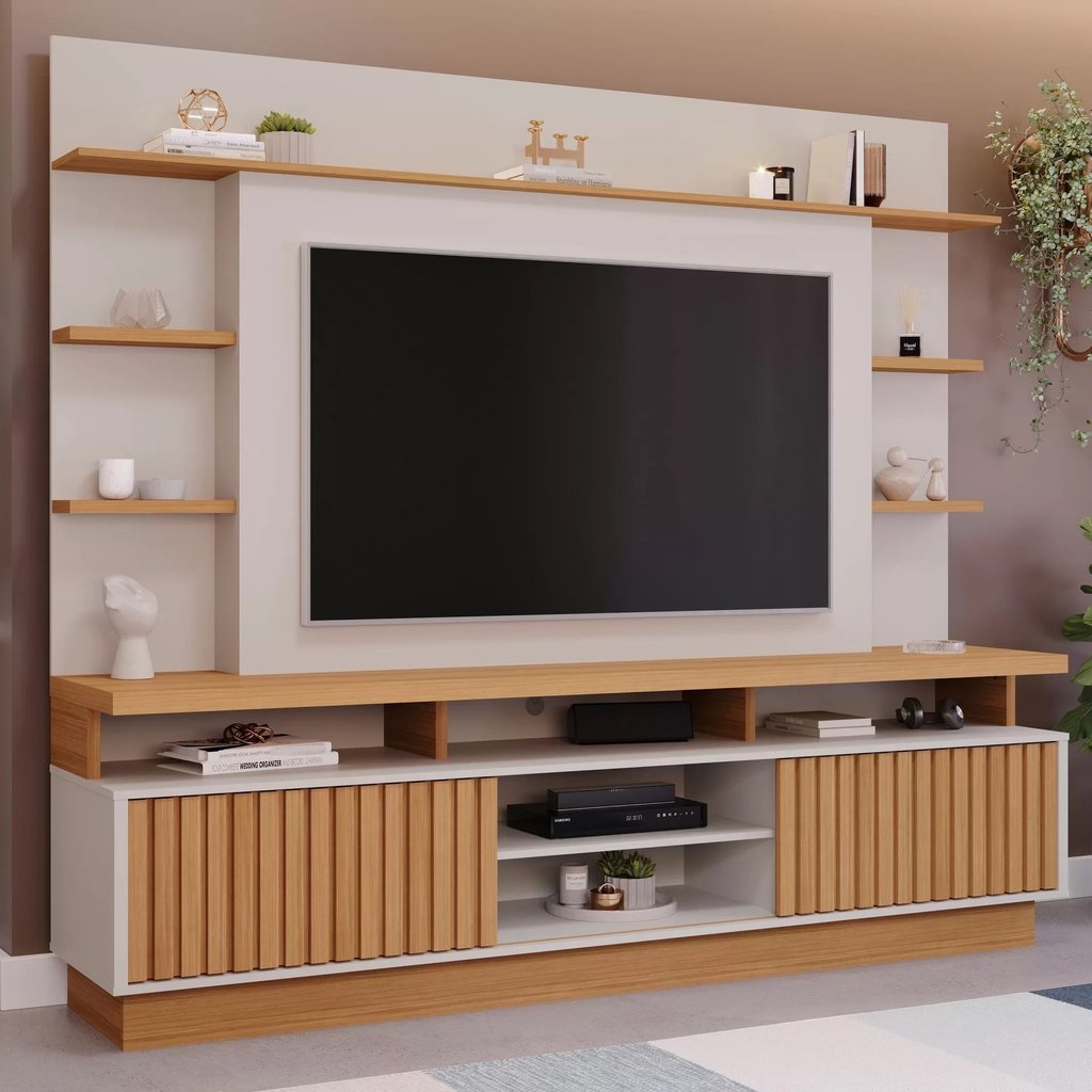 Estante Home para Tv Até 65 Polegadas Ripado 2 Portas Ravena Yescasa 100% Mdf Off White/Nature