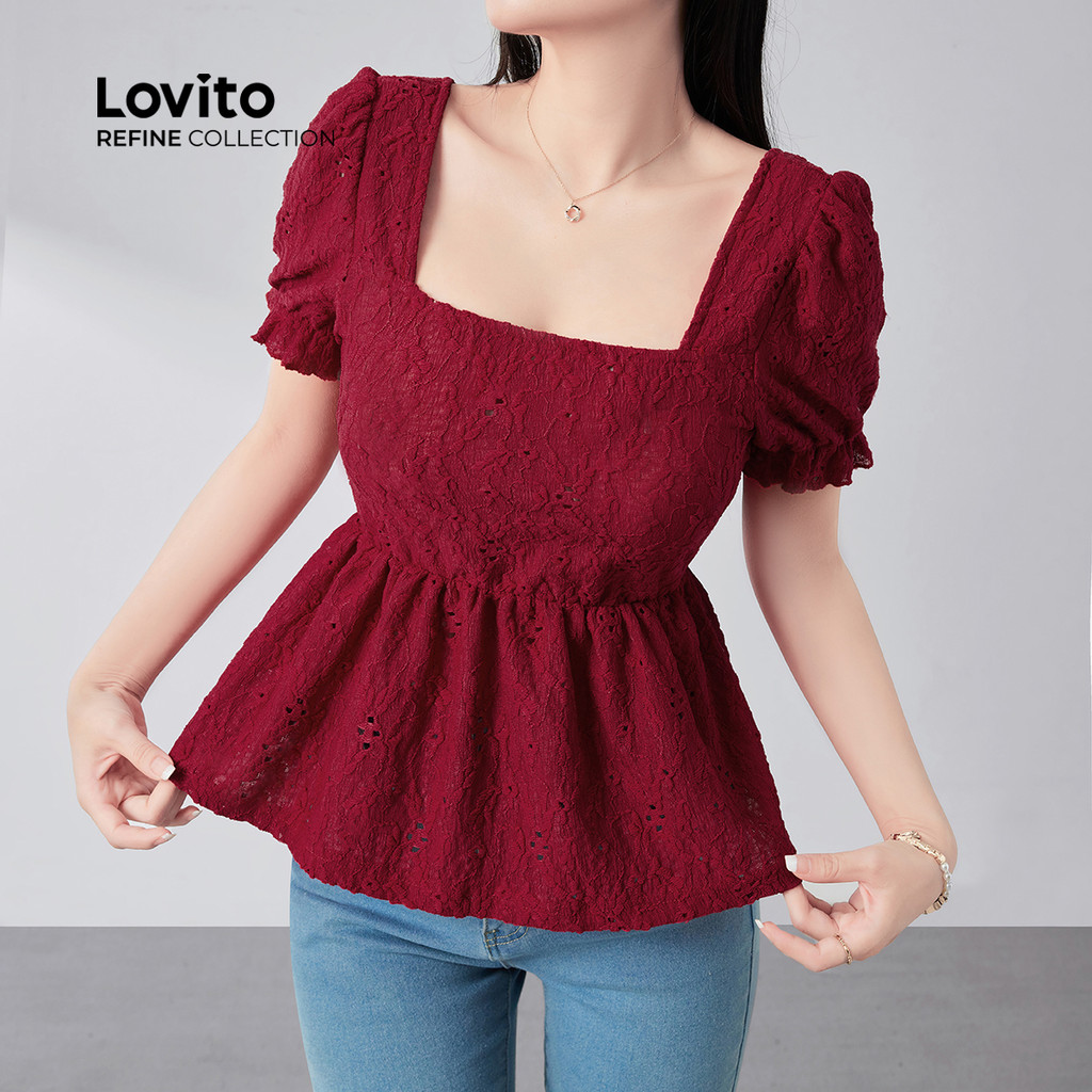 (lovito Refine) Blusa Boho Algodão Bordado Inglês Detalhe De Alface Natal E Ano Novo Na Cor Vermelha Mulheres LR21E014