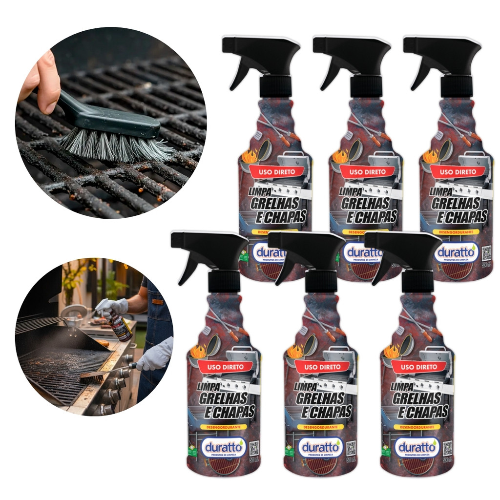 Kit 6 Limpa Grelha Chapa Desengordurante Utensílio Inox Tira gordura Carbonizada Grill Potente 500mL