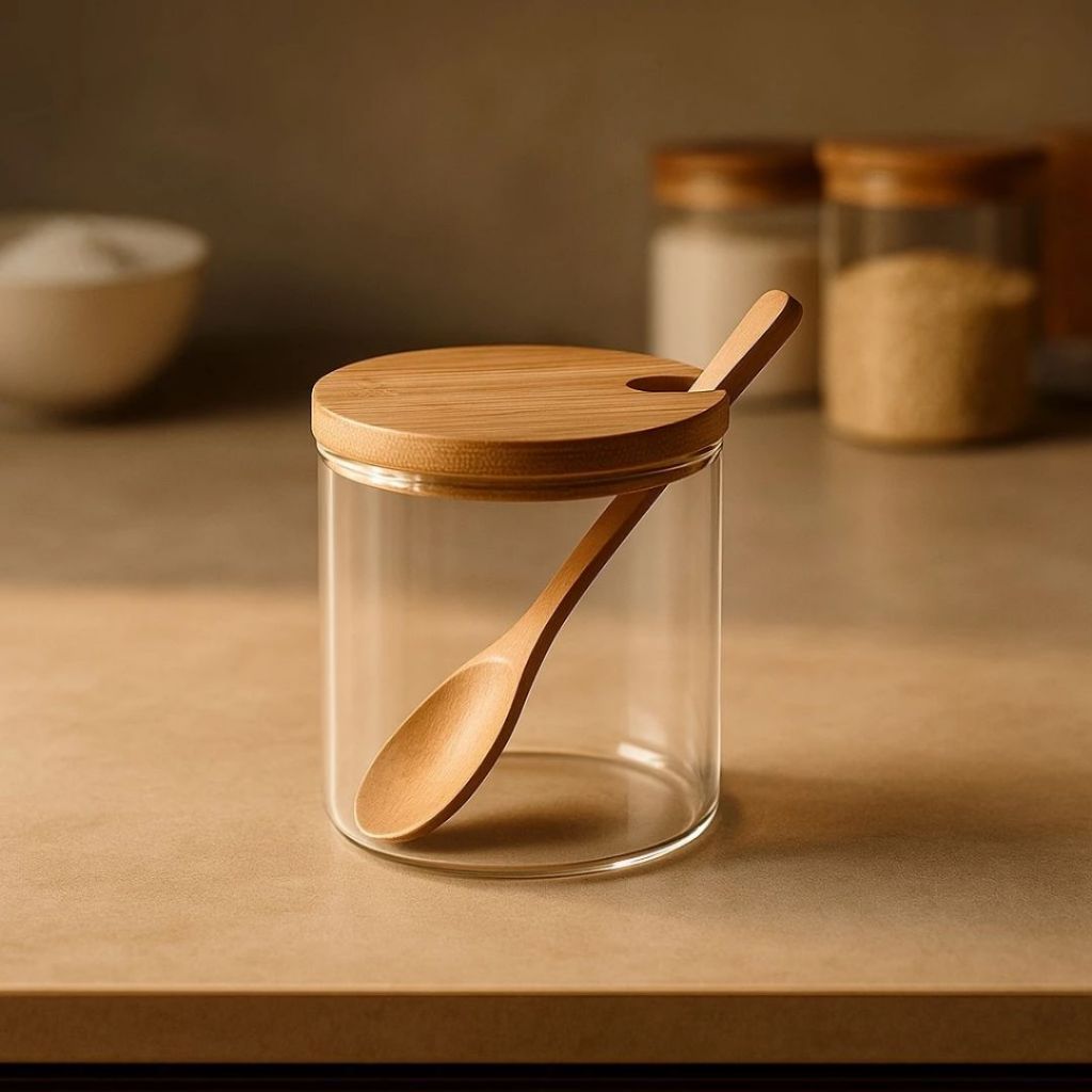 Pote de Vidro 280 ml Tampa de Bambu + Colher para Temperos e Condimentos na Cozinha