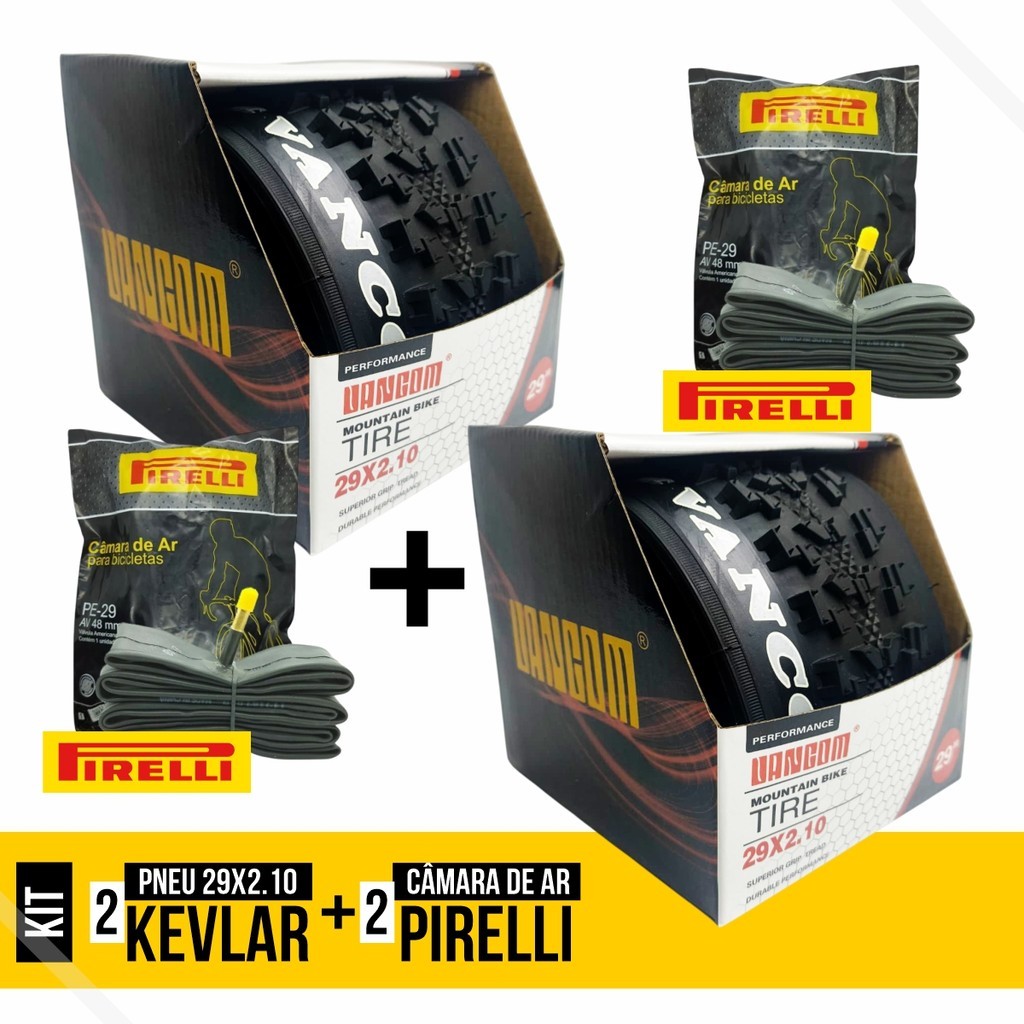 Par de Pneus Aro 29 x 2.10 Mtb S/ Arame Kevlar Vancon + 2 Camara de Ar 29 Pirelli em Oferta na Shopee