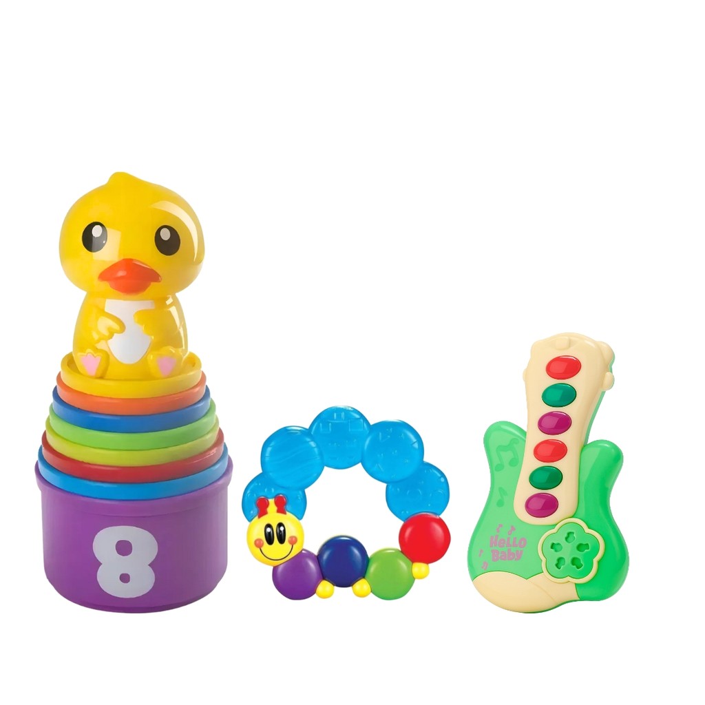 Kit Empilha Patinho + Mordedor Lagartinha C/ Água Alivia Gengiva Sensorial e Guitarra Musical 6 Músicas Infantil
