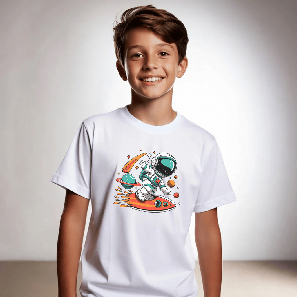 Camiseta Infantil e Juvenil Estampada Astronauta Foguete 100% Algodão Premium Criança Personalizada Blusa Camisa Unissex