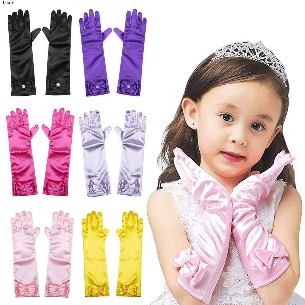 Luvas De Casamento Para Crianças LOVUR Longas Laço Princesa Dança Performance Satin Sequins Palco Vestidos De Noiva