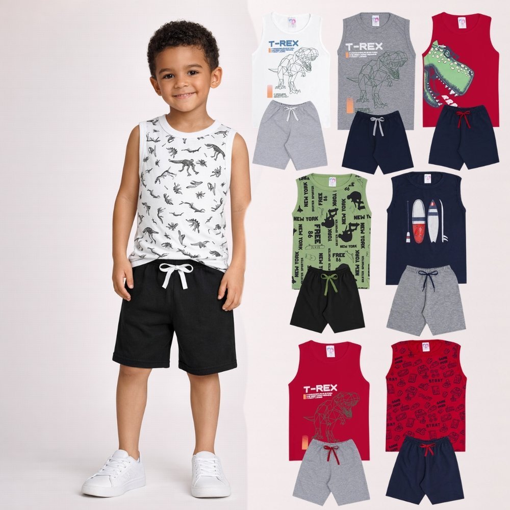 Kit Conjuntos Infantis Regata/Camiseta e Shorts Masculino Verão Menino Estampa Sortida Confortável