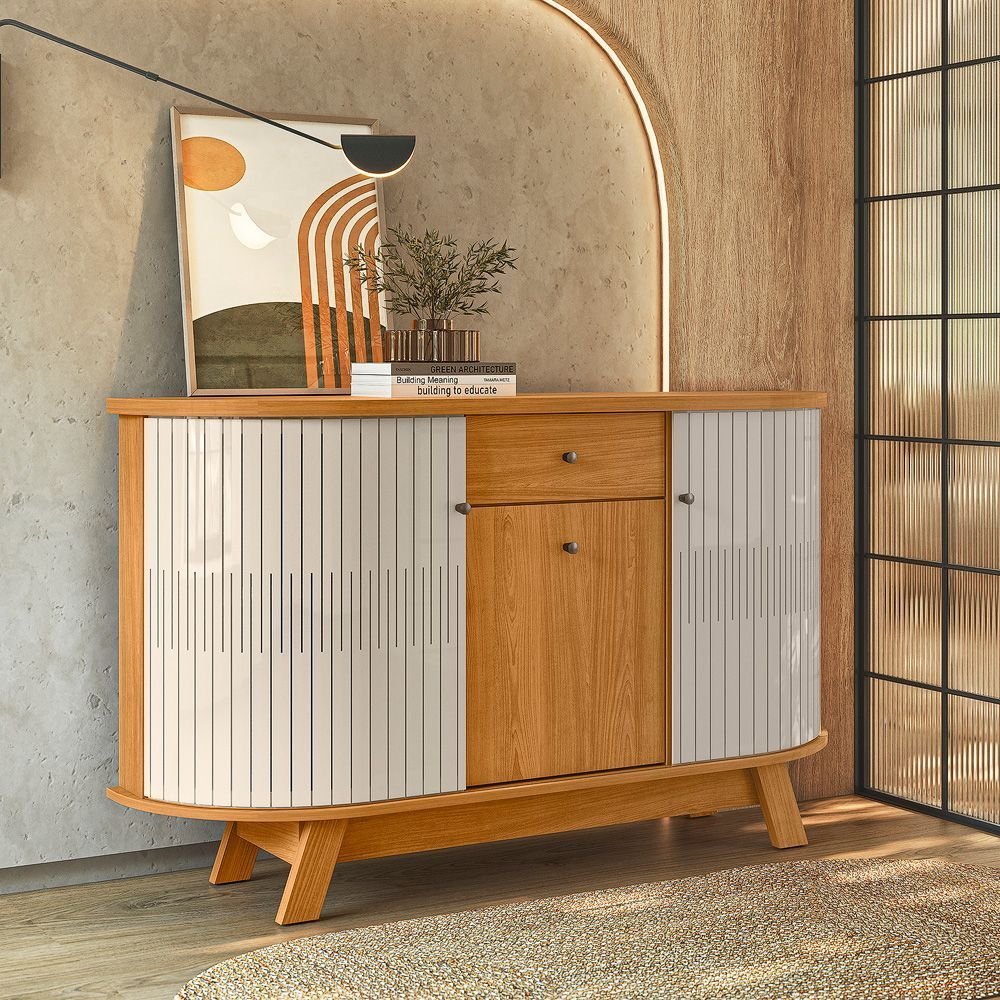 Buffet Aparador Balcão 2 Portas Curvo 1 Gaveta Monza Marrom/Cinamomo/Off White Cinamomo/Off White
