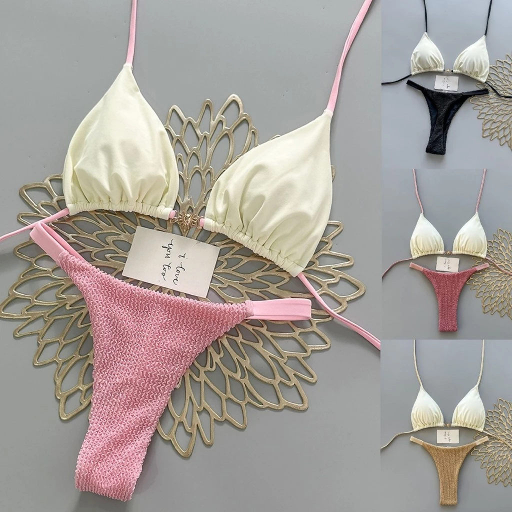 Biquini Feminino estilo de venda quente, bloqueio de cores, textura plissada, alça de biquíni dividida, copo triangula — imagem 1
