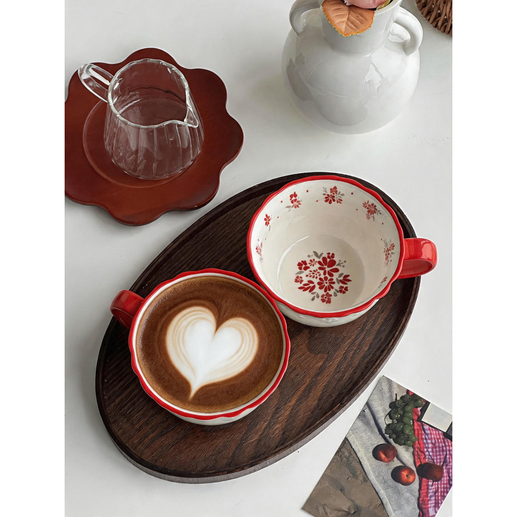 Caneca de cerâmica Floral com borda vermelha retrô, estilo ins, grande capacidade, xícara de café da manhã, xícara de ca