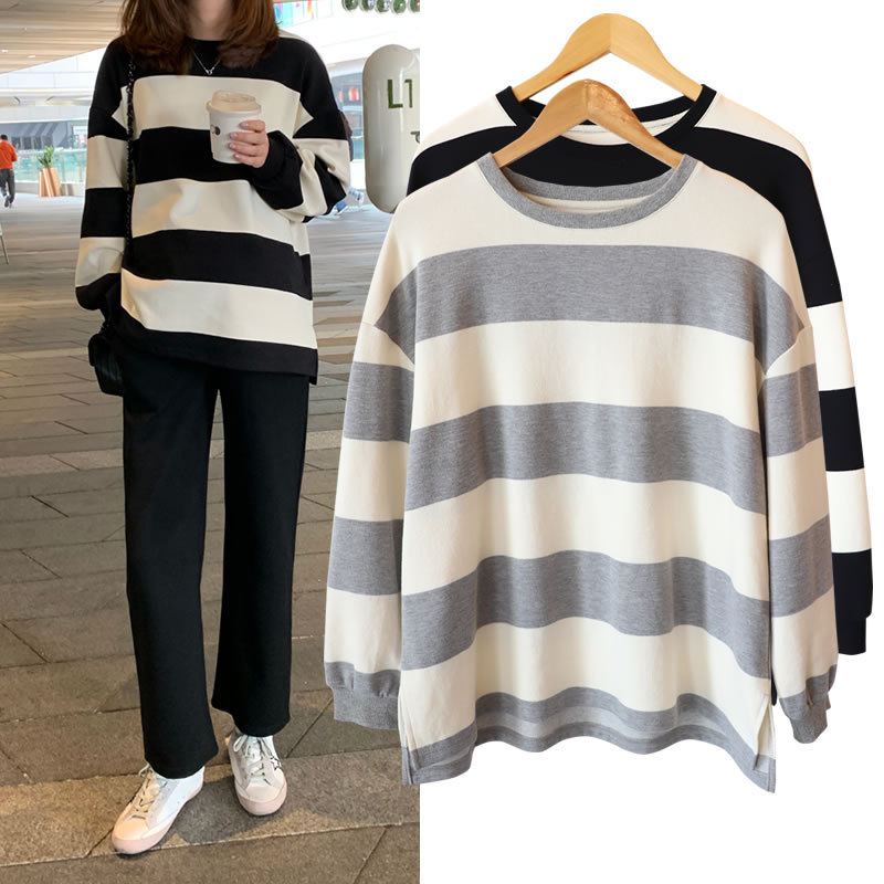Maternidade primavera roupas primavera outono manga comprida topos moda solta meados de comprimento listrado camiseta mo