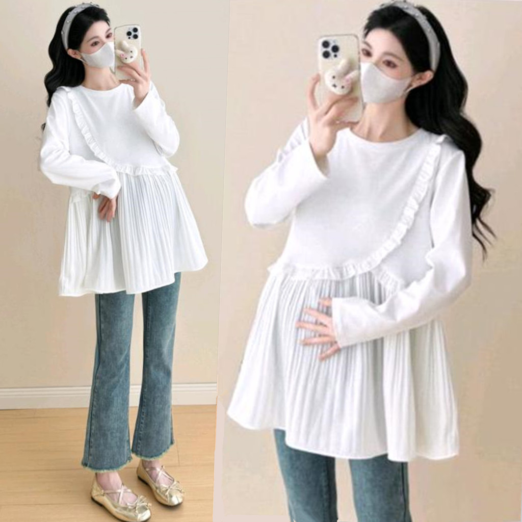 Maternidade topo primavera outono estilo ocidental capa barriga grávida manga comprida camiseta puro algodão primavera b