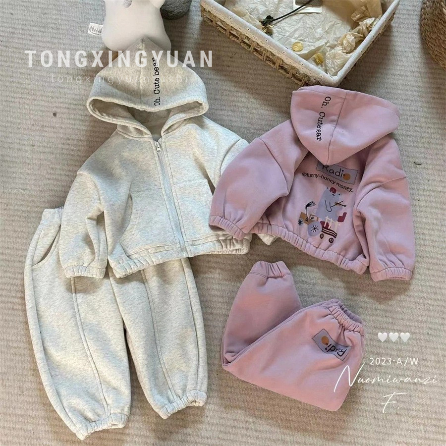 Meninas outono inverno terno de duas peças moda coreano Casual Wear dos desenhos animados urso impressão crianças terno 