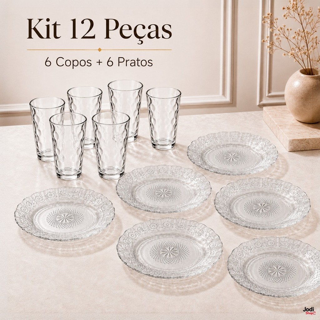 Kit Copos e Pratos de Vidro Transparente Relevo Mesa Posta Elegante
