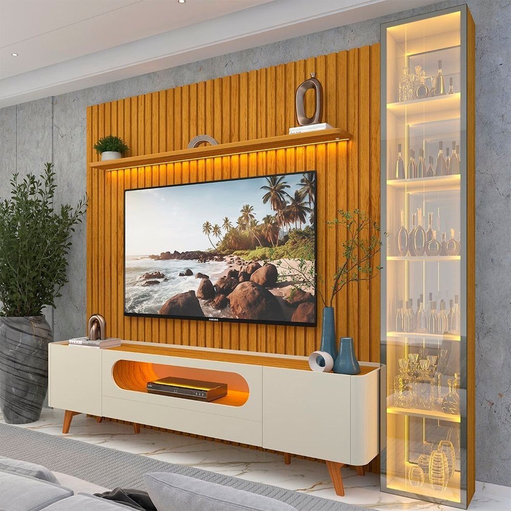 Rack com Painel Ripado para TV até 84 Polegadas com LED 100% MDF 266,8CMX237CM Pés em Madeira Maciça Nobre Clean