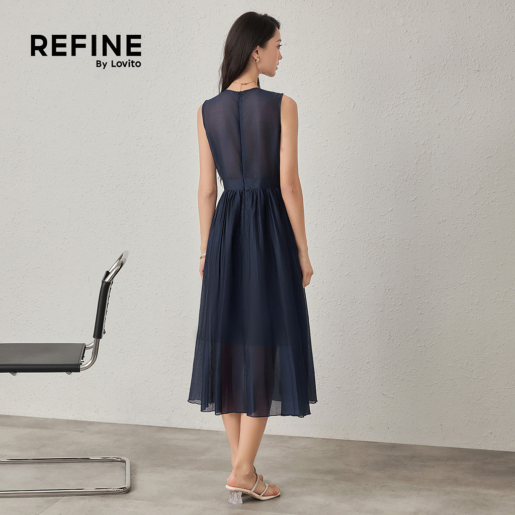 (New Arrival) (Refine by Lovito) Vestido Social Tencel Plissado Assimétrico Azul Marinho Trabalho Bordado DRR42P1D034