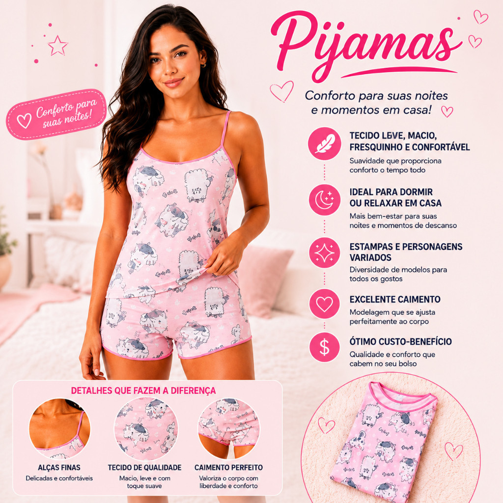 Pijamas Baby Doll Feminino Conjuntos Pijama Short Doll Feminina Estampas Exclusiva
