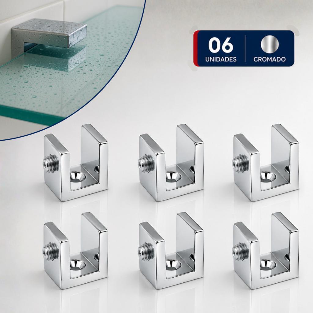 Kit 06 Suportes de fenda Cromado de Prateleira de Vidro 6mm Quadrado 100% Metal com Parafusos 1 Furo