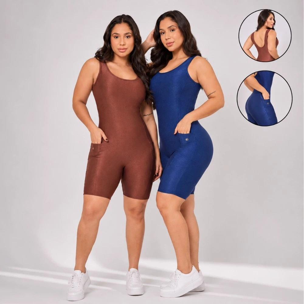 Kit 2 Macaquinho Feminino Adulto Fitness Canelado Com Bolsos Zero Transparência Macaquinho Academia — imagem 1