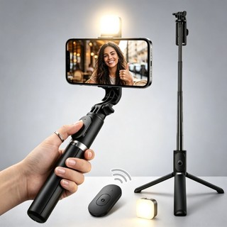 Bastão de Selfie Tripé Extensível para Celulares com Luz de Preenchimento LED e Controle …