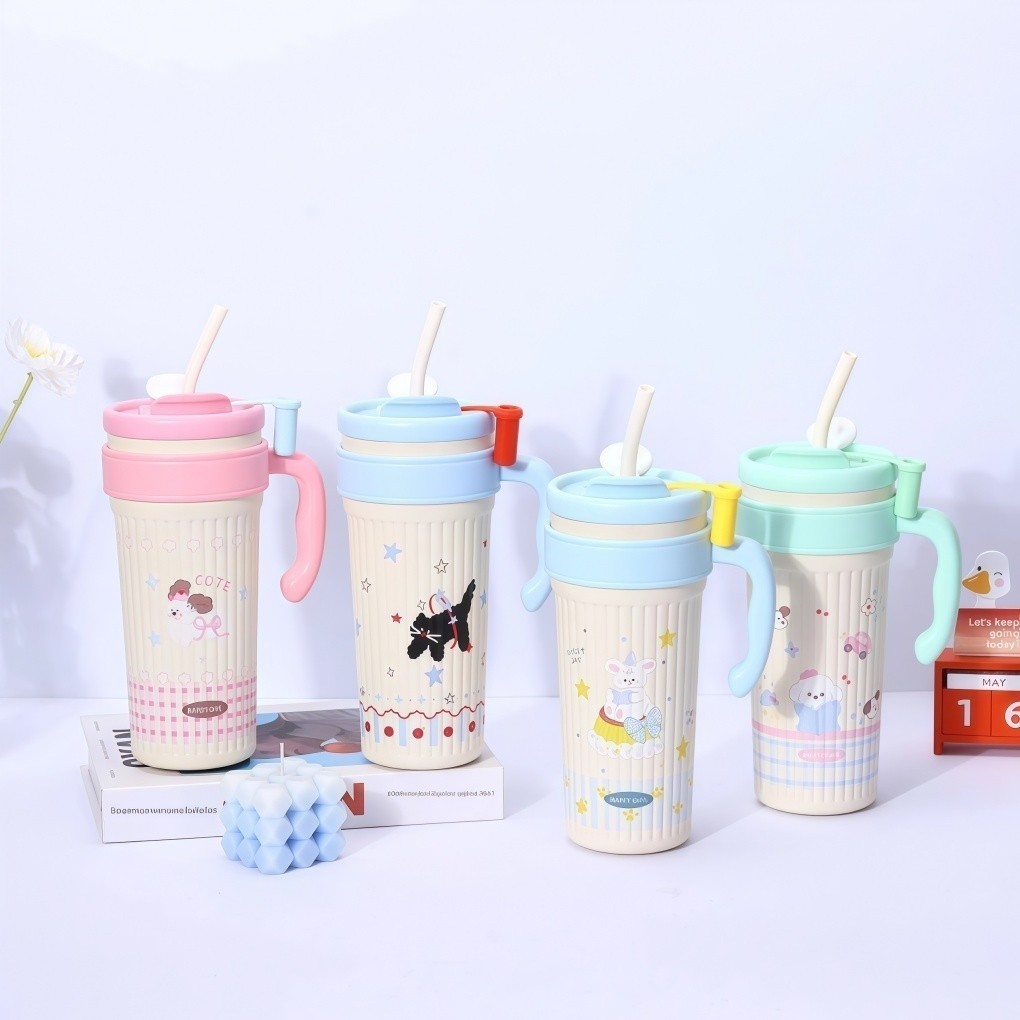 Copo Térmico de Aço Inoxidável com Canudo e Alça 750ml | Garrafa de Água Estampada Gatinho Fofo para uso diario