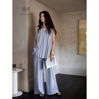 Yue interior com almofada no peito pijamas feminino verão estilo puro algodão sem mangas colete calças de perna larga ca