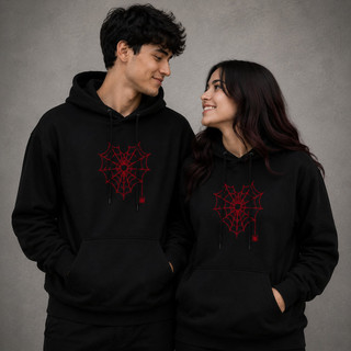 Kit Casal Moletom Canguru Coração Teia Vermelha Streetwear Unissex Presente Casal Premium