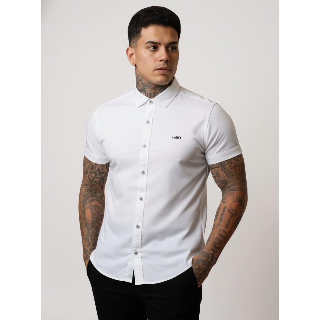 Camisa Masculina Viscose Elastano Manga Curta Slim Fit Não Amassa Branco — Mell Moda