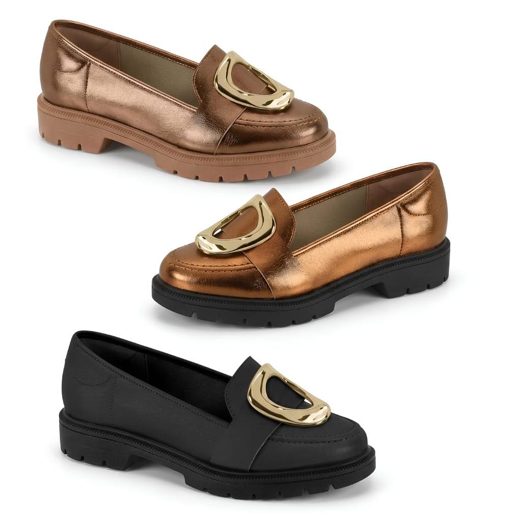 Mocassim Feminino Tratorado Fivela Dourada Tendência Moda Estiloso Confortável Beira Rio Original