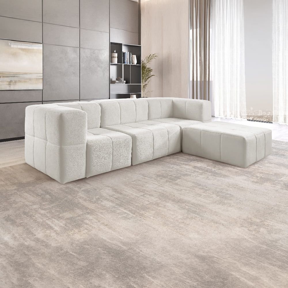 Sofá Modular com Puff 3 Lugares Bouclé Bege na Caixa 258cm Nude