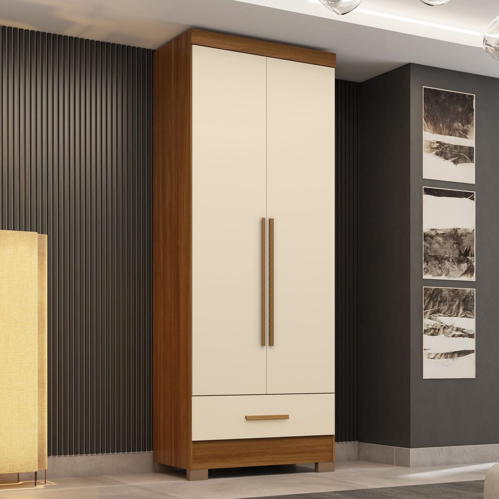 Guarda Roupa 100% MDF 2 Portas 1 Gaveta Smart Plus Espresso Móveis Bege/Cinamomo/Offwhite Cinamomo/Off White