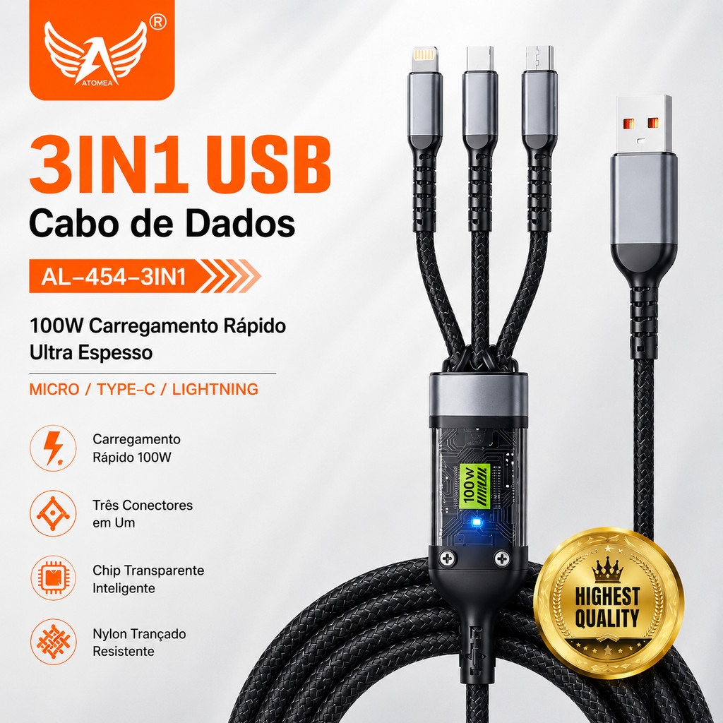 Cabo USB 3 em 1 100W Carga Rápida 1,2m Tipo-C, Lightning e Micro USB